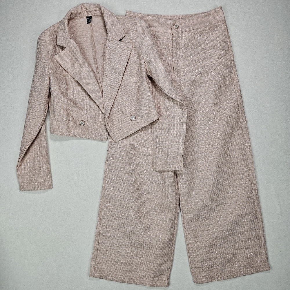 Shein Tweed Two Piece Suit Set Wide Leg Trousers Cropped Blazer Size Medium